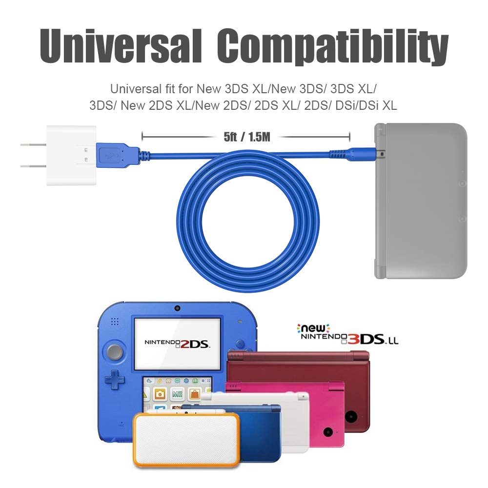 5 in 1 USB Charger Cable for Nintendo DS Lite/Wii U/New 3DS (XL/LL), 3DS  (XL/LL), 2DS, DSi (XL/LL),NDS/Gameboy Advance SP, PSP 1000 2000 3000,  Multi-Functional USB Charging Cord with Cable Tie 