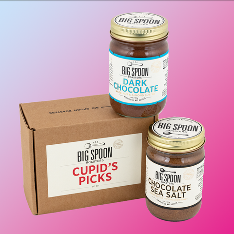 Cupid's Picks Gift Set featuring one 13oz jar of Chocolate Sea Salt Almond Butter and one 13oz jar of Dark Chocolate Hazelnut & Almond Butter