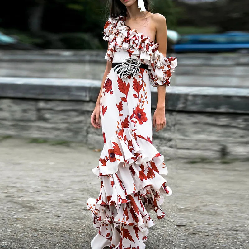 Yeknu New Summer 2024 Fashion Women's Elegant Cascading Ruffles Floral Print Slash Neck Beach Holiday Maxi Long Dress