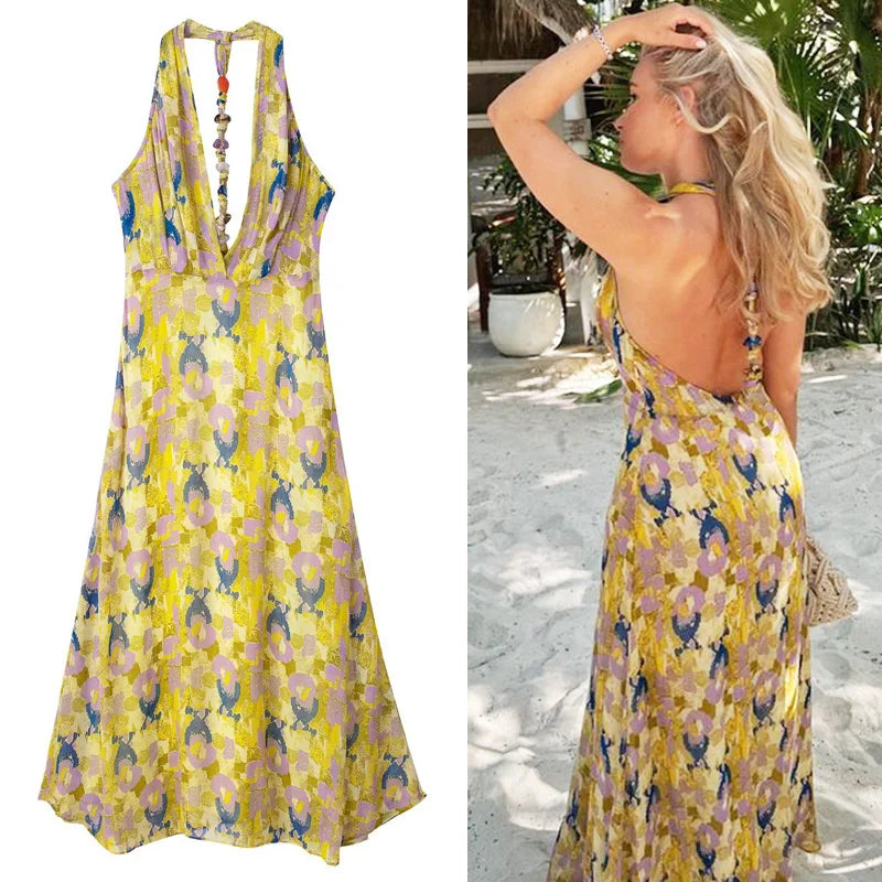 Yeknu Vintage Chiffon Printed Summer Dresses For Women Robe Sexy Backless Deep V neck Long Maxi Dress Boho Beach Wear Vestidos