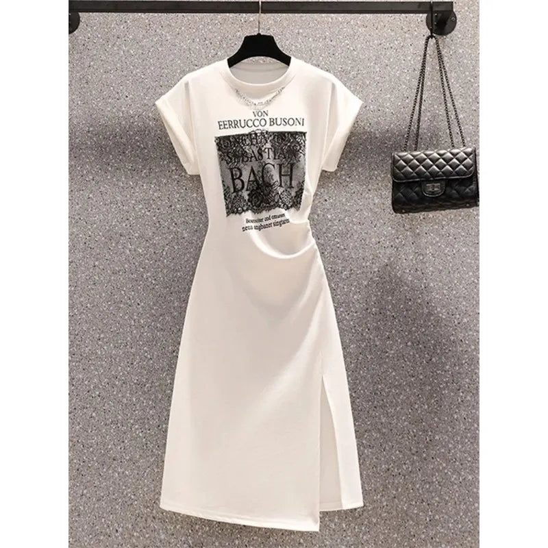 Yeknu  Summer Dress Pleated Split Printed O-neck Short Sleeved Dresses Irregular Hot Girls Printed Long Skirts Trendy Clothes