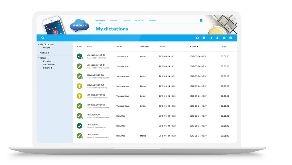 Organize and store dictations in the cloud