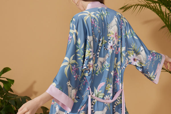 Short Kimono Robe Blue Forest