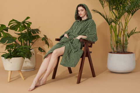 Organic Cotton Striped Bathrobe Green