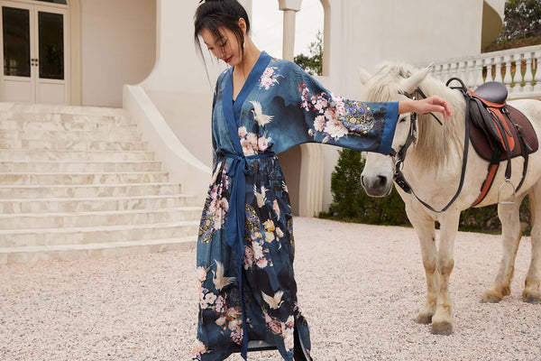 Garden Crane Blue Kimono Robe