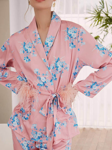 Floral Silk Pajama Set 2 Pcs - ulivary