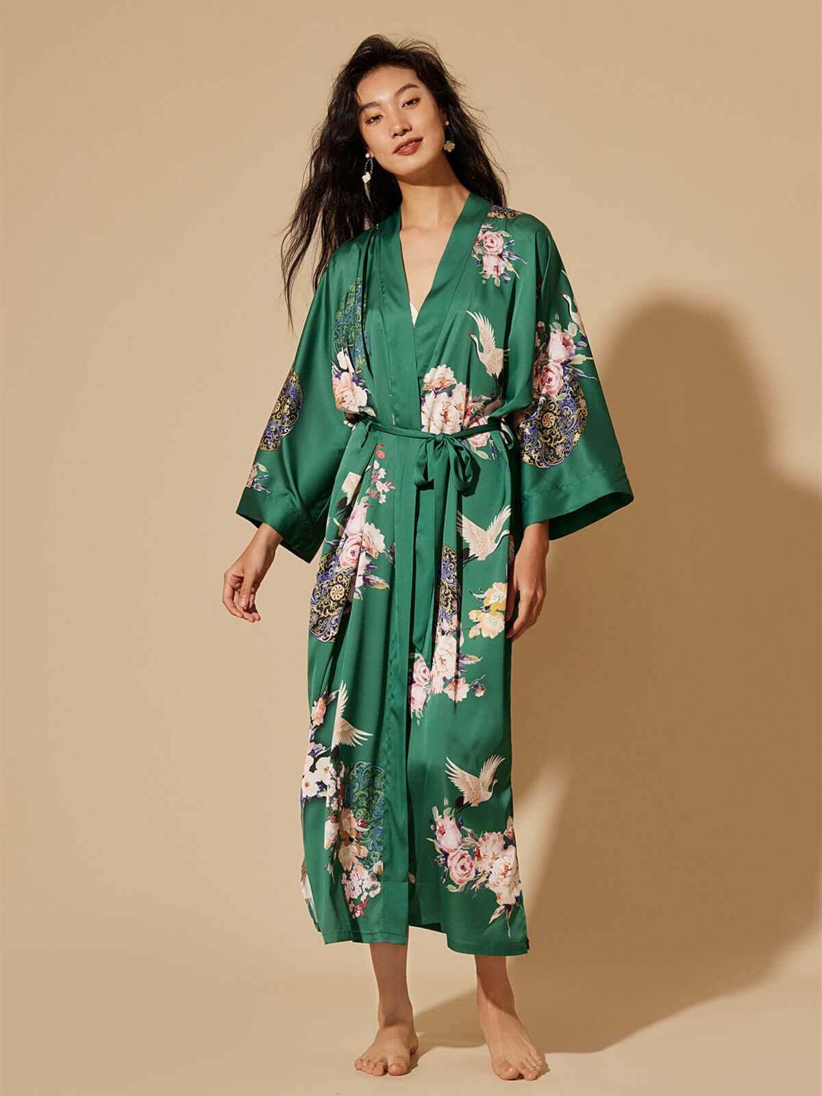 Image of Garden Crane Green Kimono Robe