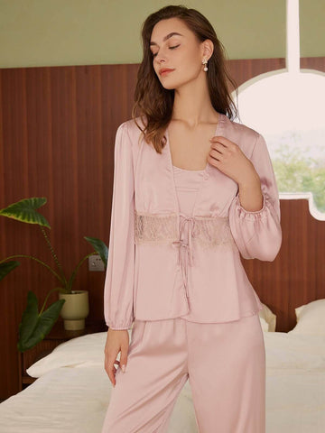 Silk & Lace Pajama Set 3 Pcs Pink - ulivary