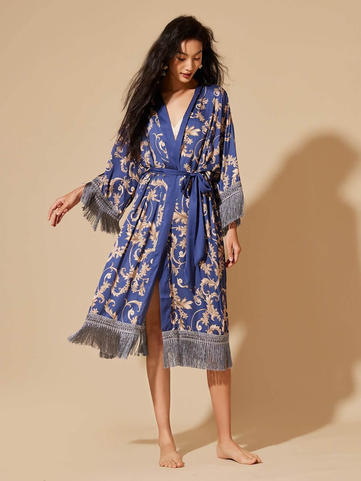Image of Tassels Blue Kimono Robe
