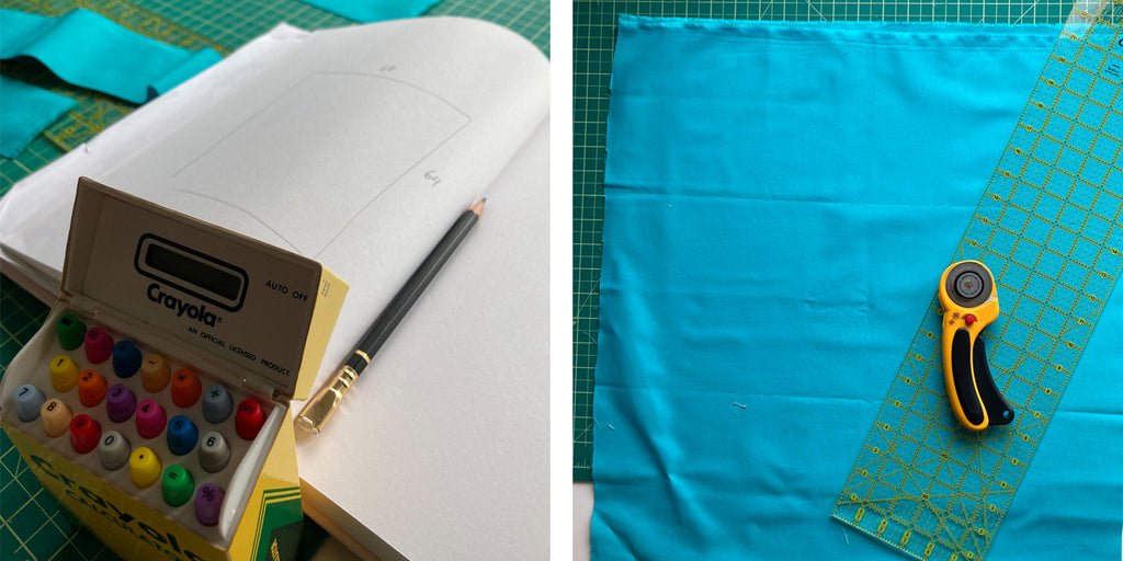 Notebook with pencil sketch of quilt on the left, fabric with rotary cutter and ruler ready to cut on the right.
