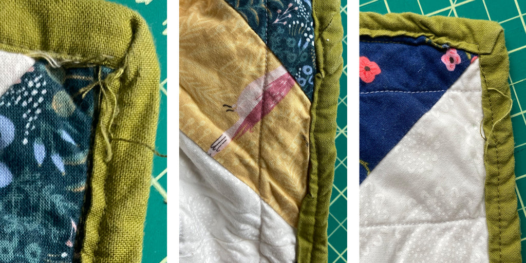 3 images of binding on a quilt that is sewn with crooked seams