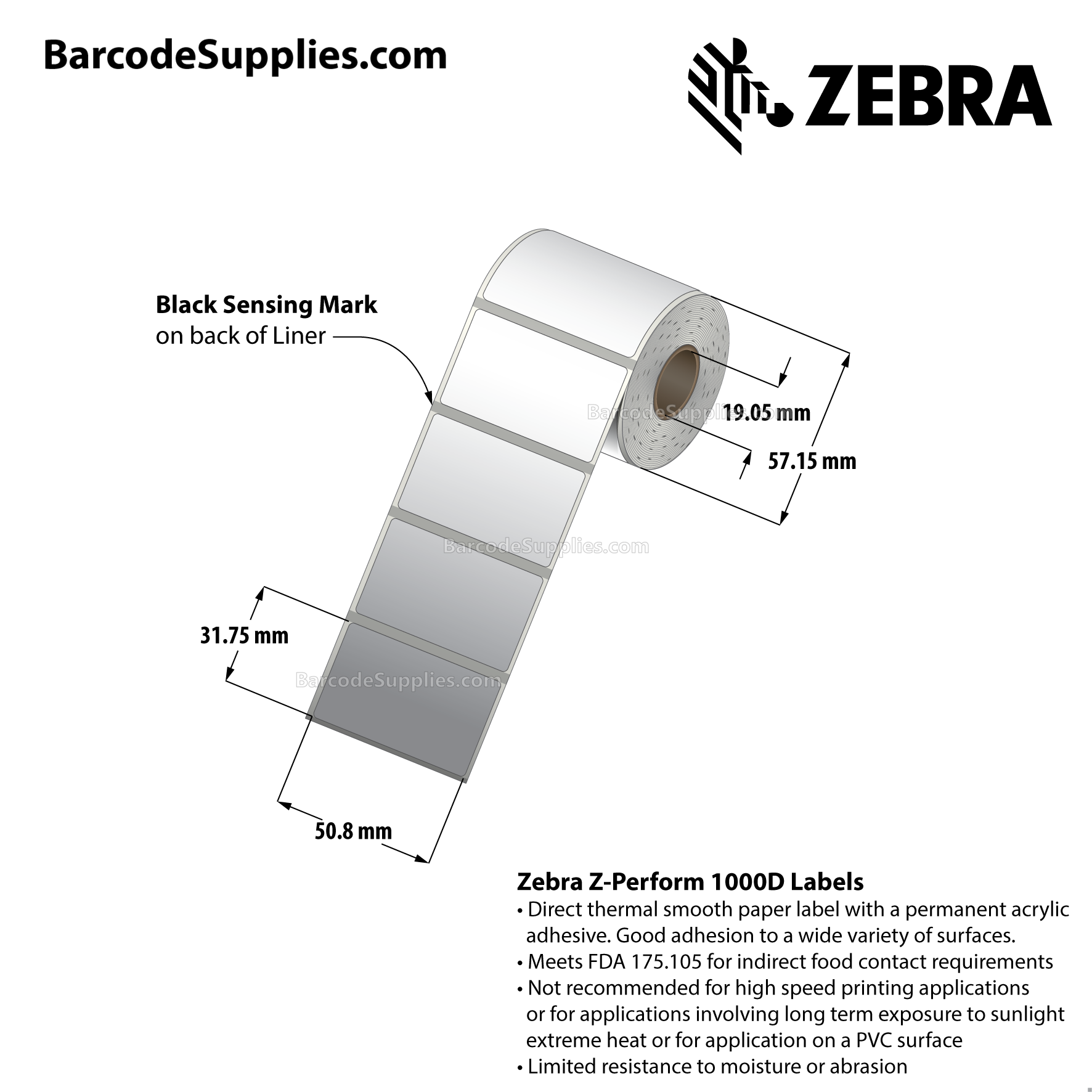 Zebra 10026381 DT 2 x 1 Z-Perform 1000D Barcode Labels