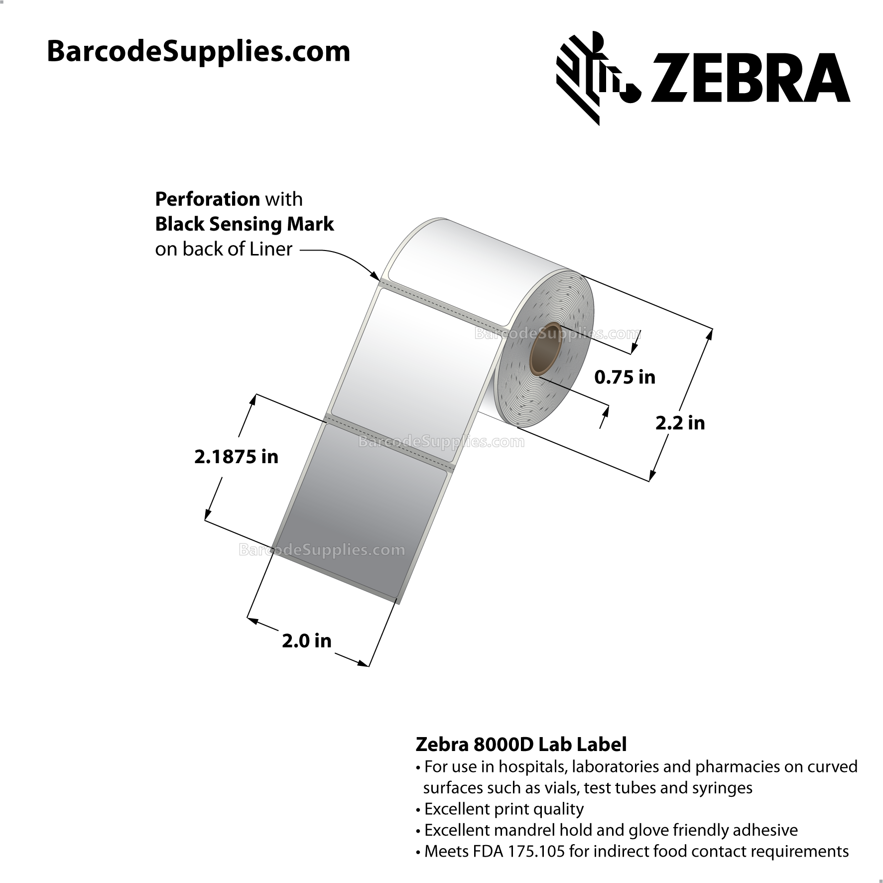 Zebra 2.20 x 0.50 Direct Thermal Labels - 8000D Jewelry (Jewelry Butterfly  Label w/o flaps) - 1 Core Rolls - 21060 Labels