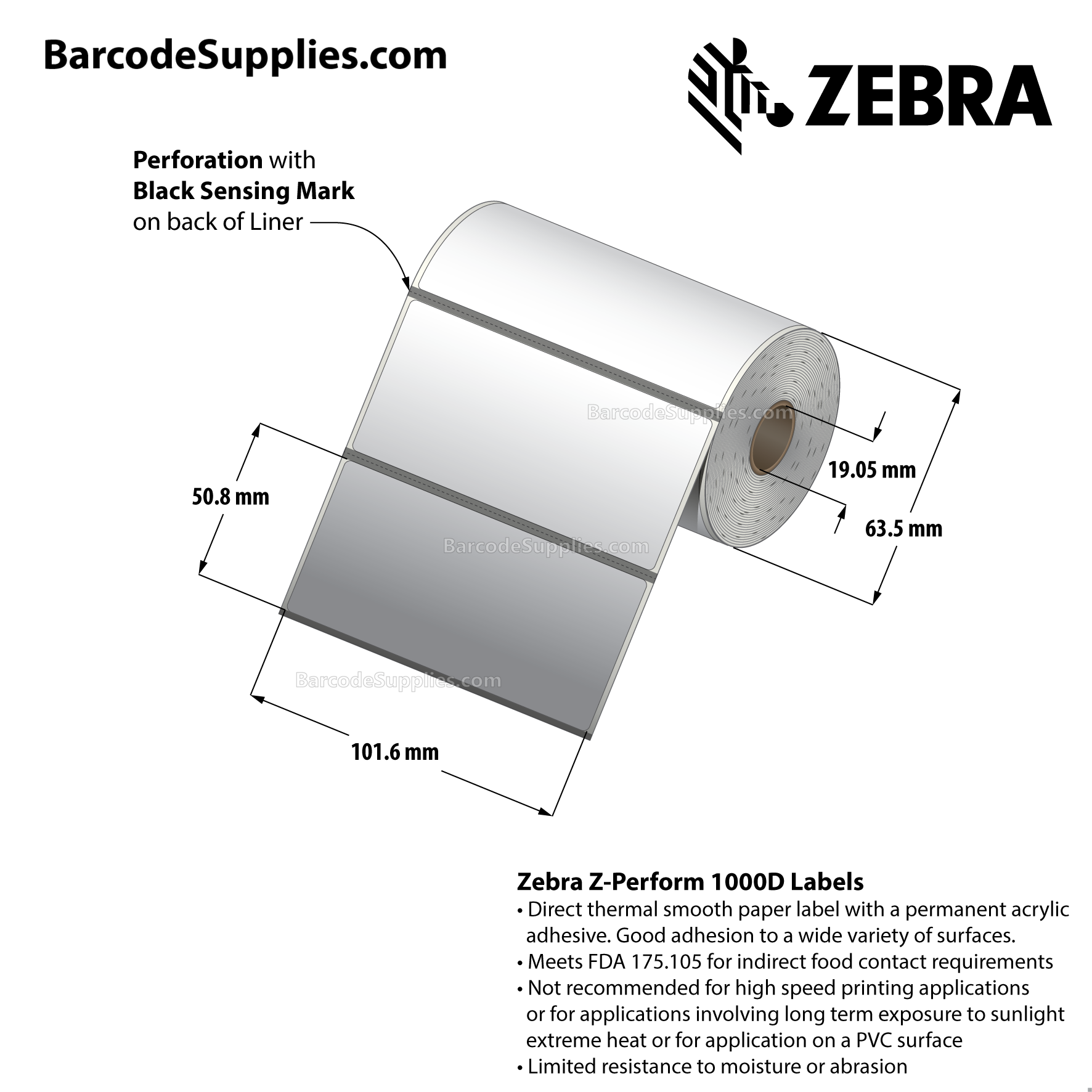 LD-R2AL5B-EA - Zebra 2x1.25 DT Label [Non-Perforated]