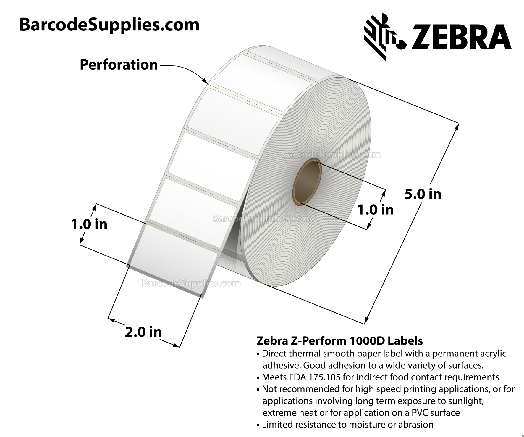 Zebra 10026381 DT 2 x 1 Z-Perform 1000D Barcode Labels