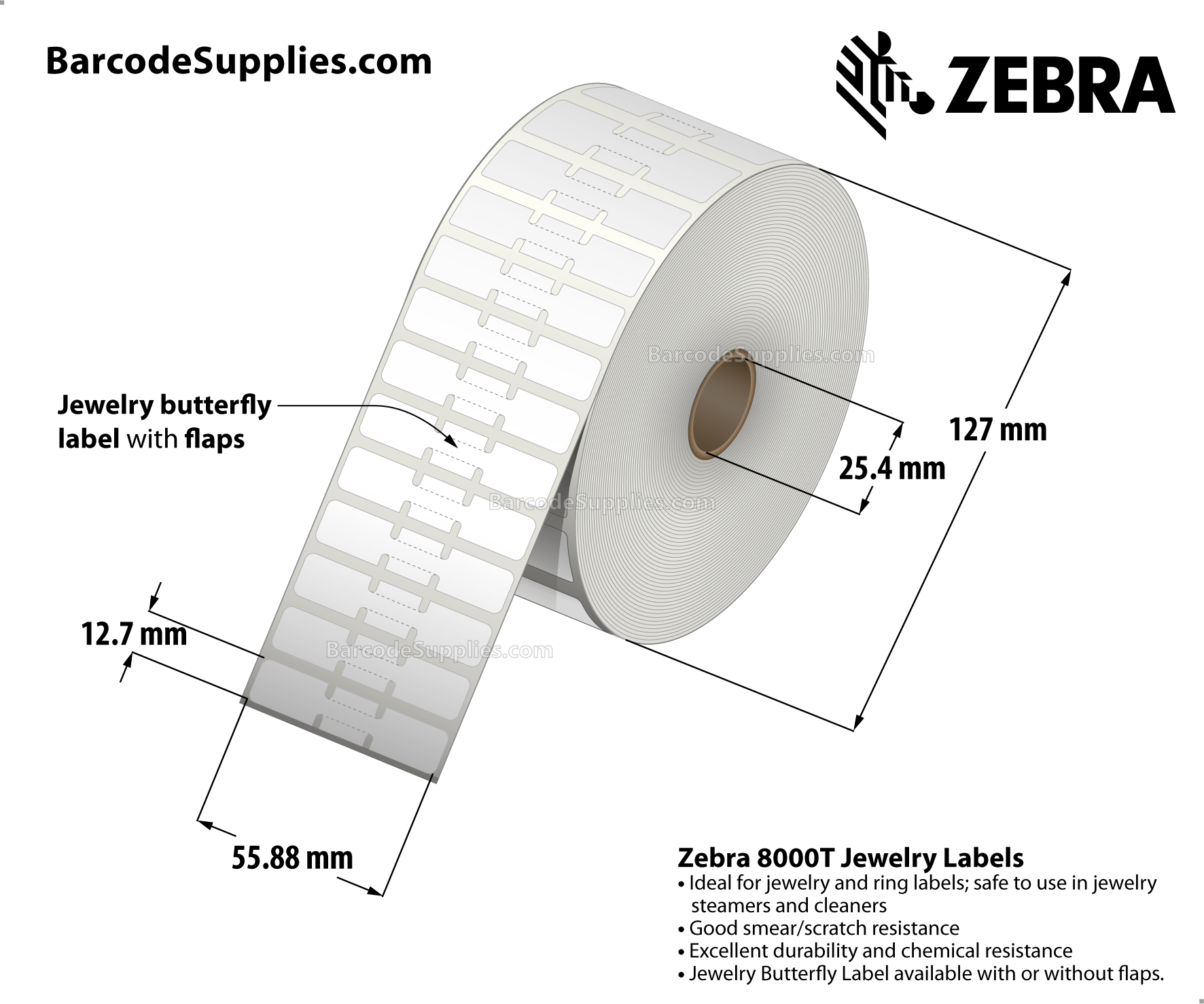 Zebra 8000D Butterfly Label with Flaps, 2.2 x 0.5in, Direct Thermal, 6  Rolls/Case