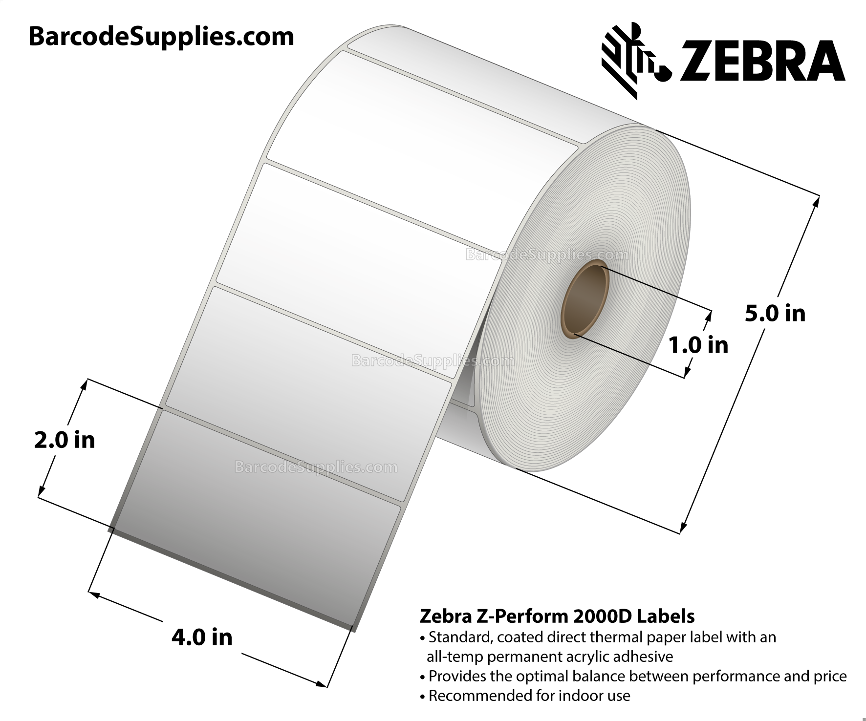  Zebra 2 x 1 in Direct Thermal Paper Labels Z-Perform