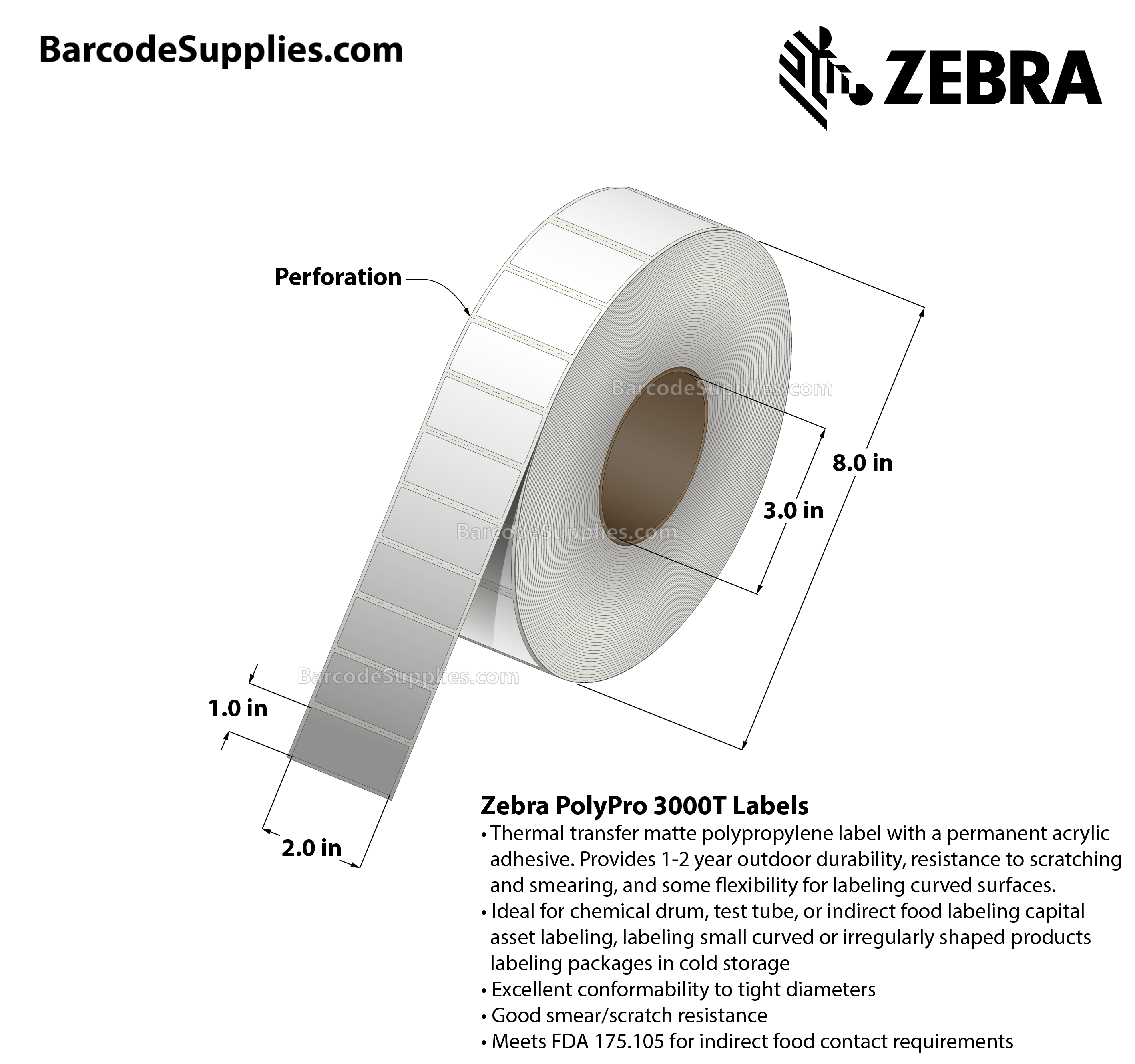 Zebra 200 X 100 Thermal Transfer Labels Polypro 3000t 3 Core Rolls 2000 Labels 0549