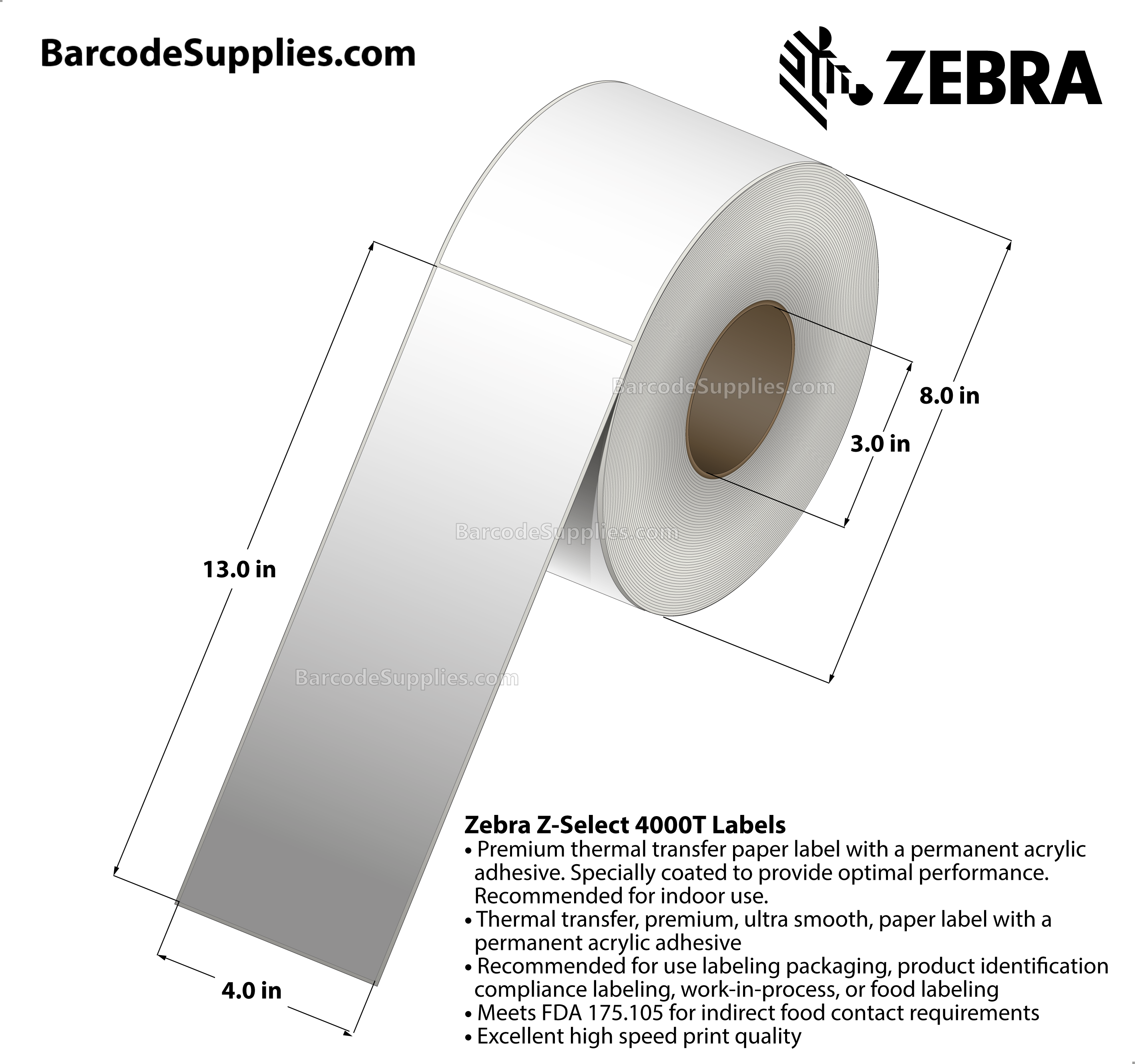 4 x 13 Thermal Transfer Paper Labels, Perforated, 8 Outside