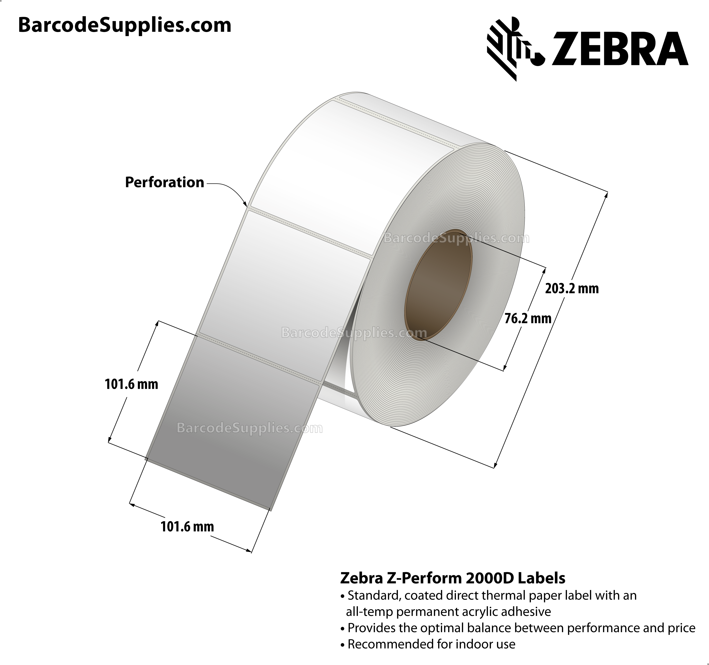 ZEBRA， CONSUMABLES， Z-PERFORM 2000D PAPER LABEL， DIRECT THERMAL