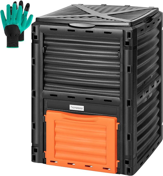 black compost bin with orange door at base