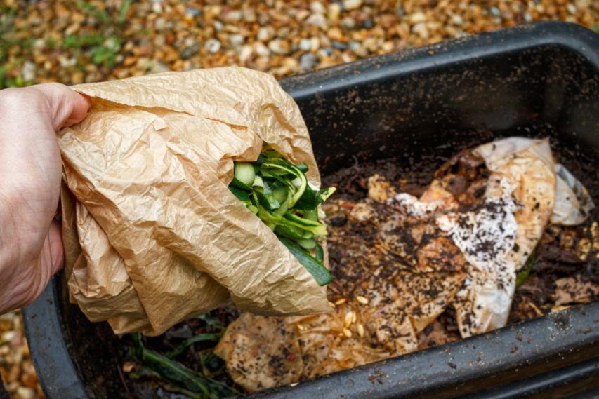 black bin with the addition of greens inside of paper bag