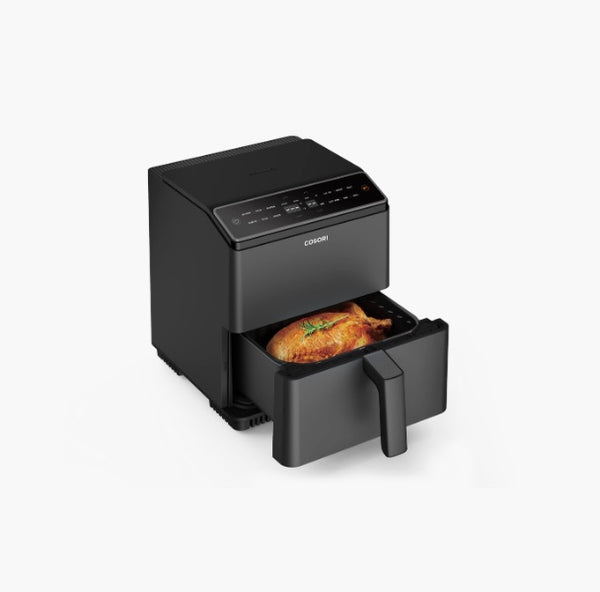 Product image of the air fryer with temperature and cook level displayed