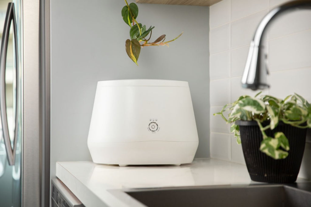 A lomi electric composter on a kitchen countertop