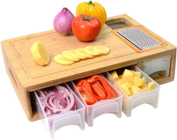 bamboo cutting board with separate containers for veggies