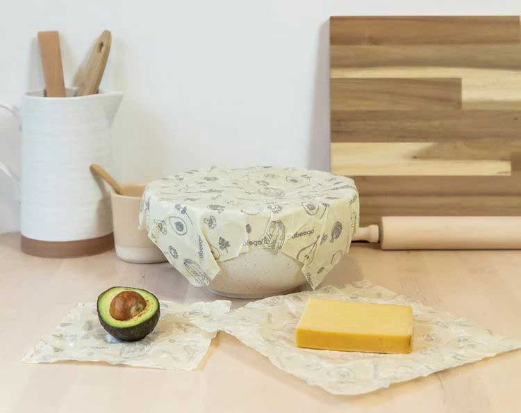 Beeswax food wrap covering a bowl of food