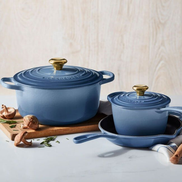 Chambray blue cast iron cooking set