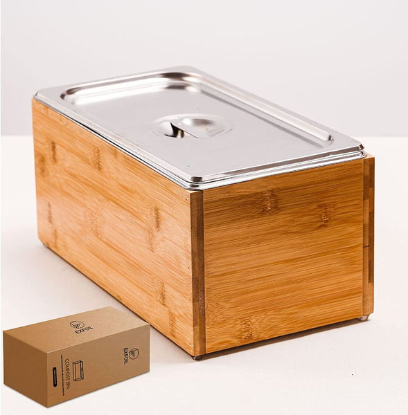 bamboo and silver food waste basket