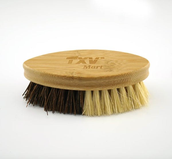 A wooden brush with brown and tan bristles on a white background