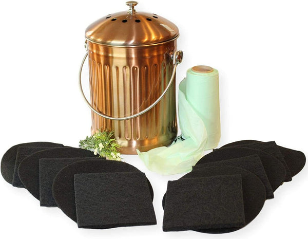 copper food waste caddy with bags