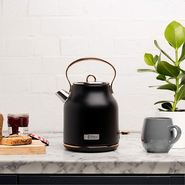 A black and copper electric kettle on a countertop