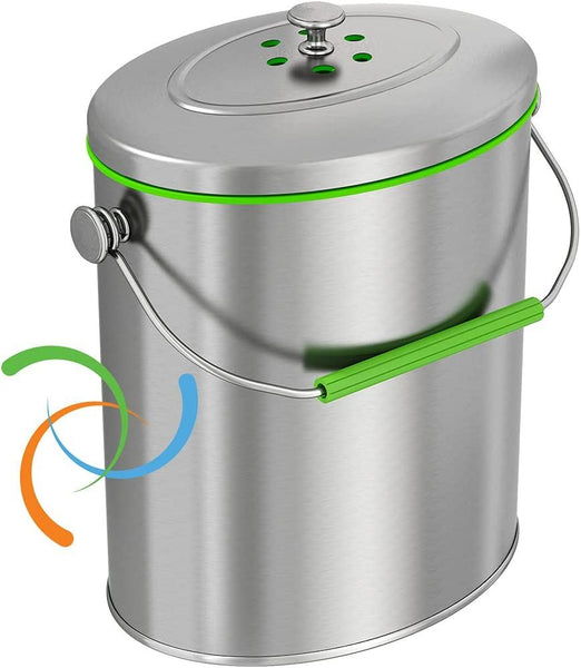 silver and green food waste caddy