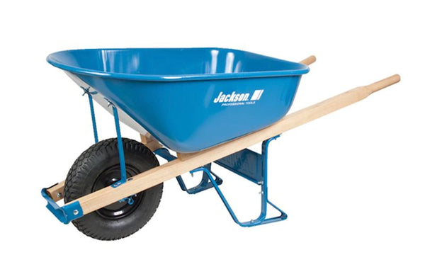 A blue wheelbarrow with wooden handles on a white background