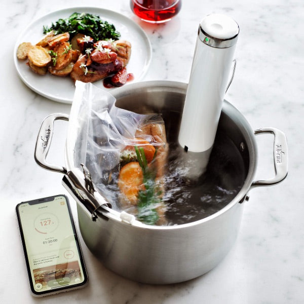 Sous vide appliance at work cooking a fresh meal in boiling water. A smartphone app is also displayed beside the pot, showing how the smart elements of the product work