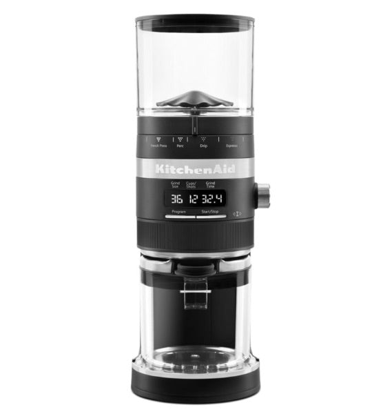 Product image of the matte black coffee grinder, with display showing multiple grind settings