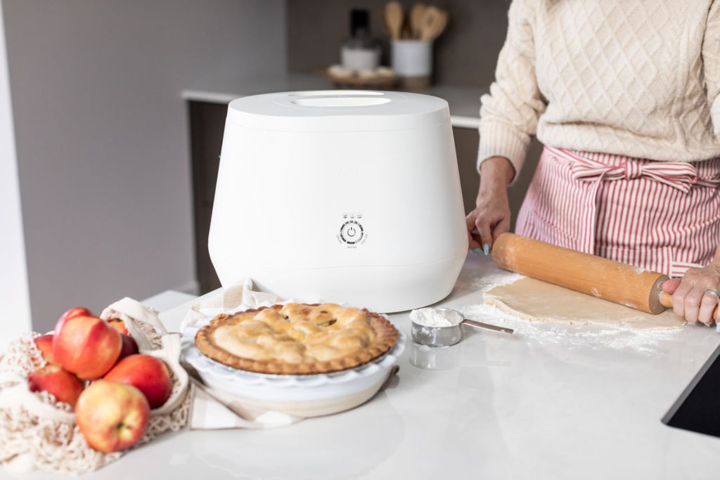 white indoor electric composter next to pie