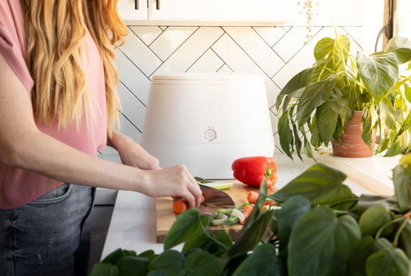 woman putting food scraps into an electric composter