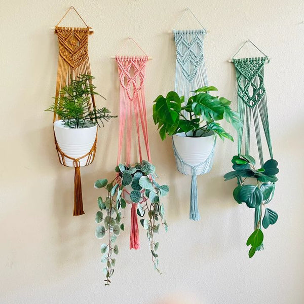 macrame plant hangers in different colors