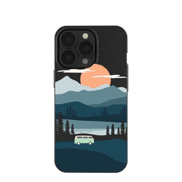 black phone case with mountains and a van on it