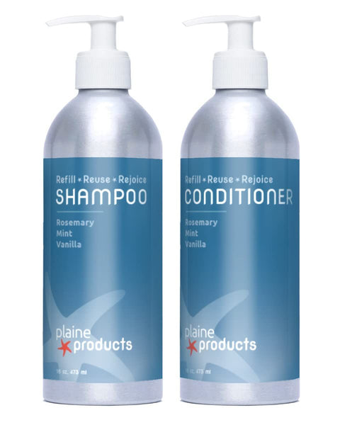refillable aluminum bottles of shampoo and conditioner