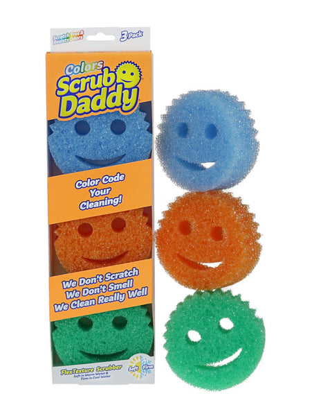 Product shot of scrub daddy sponges in and out of their packaging