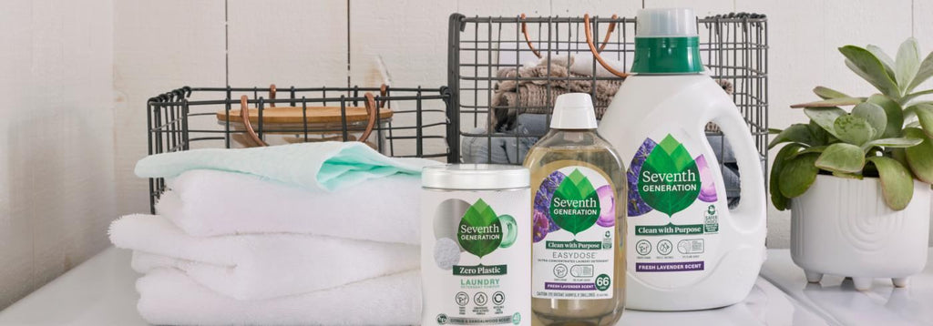Seventh Generation cleaning products lined up on a washer and dryer