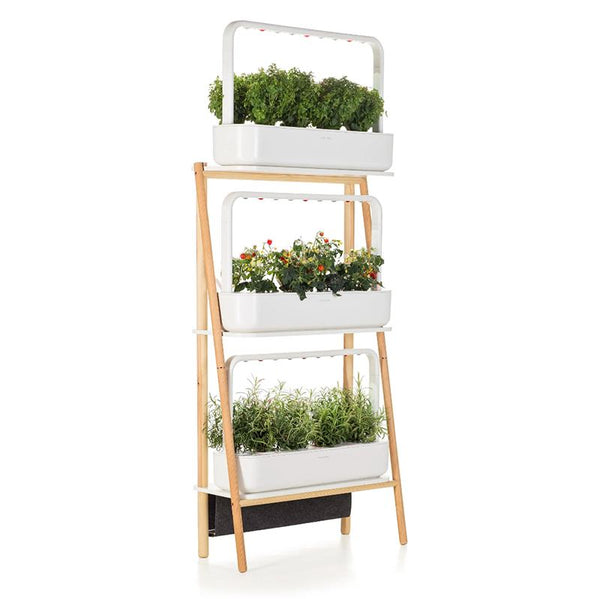 A wooden shelving unit filled with three white smart gardens