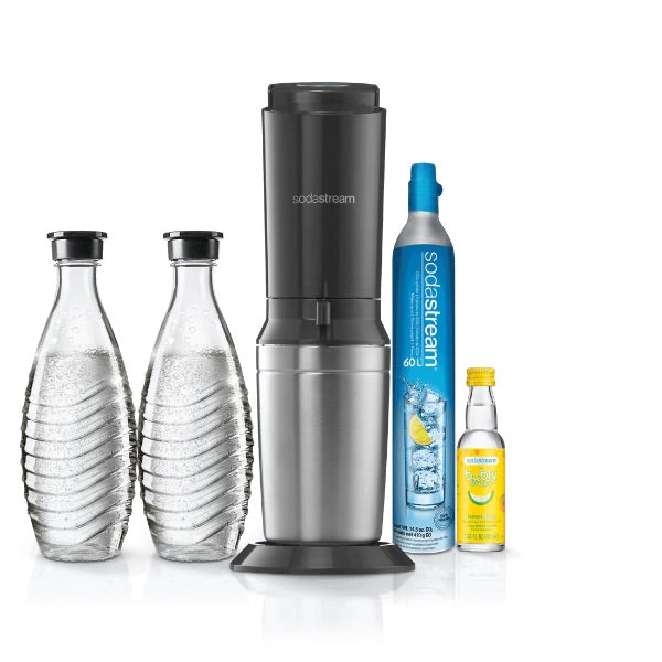 Simple display image of all the pieces of the SodaStream Hydration Kit, aligned in a single row