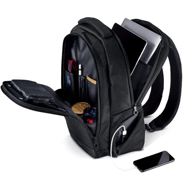 black backpack with multiple sections