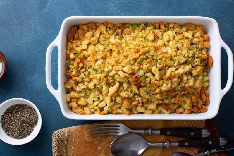 Holiday stuffing in a ceramic dish